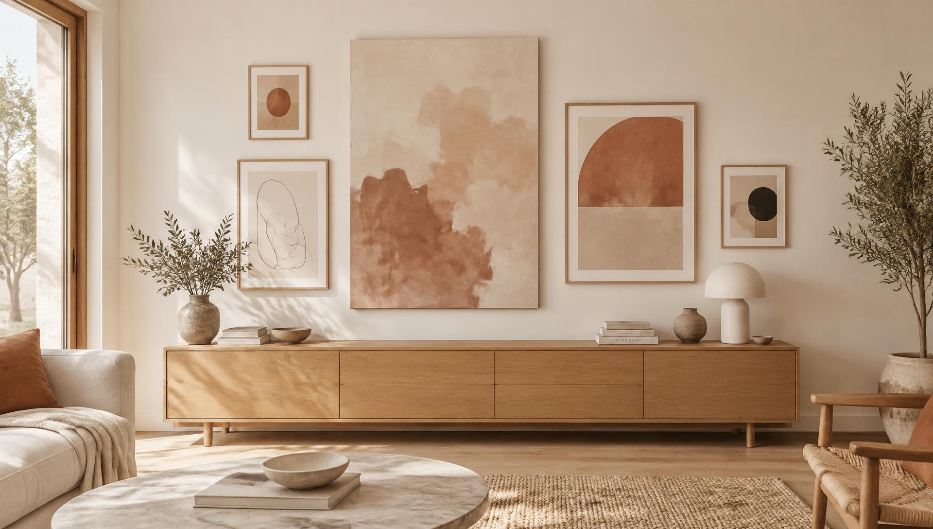 Kunstwerken in verschillende formaten aan een lichte muur