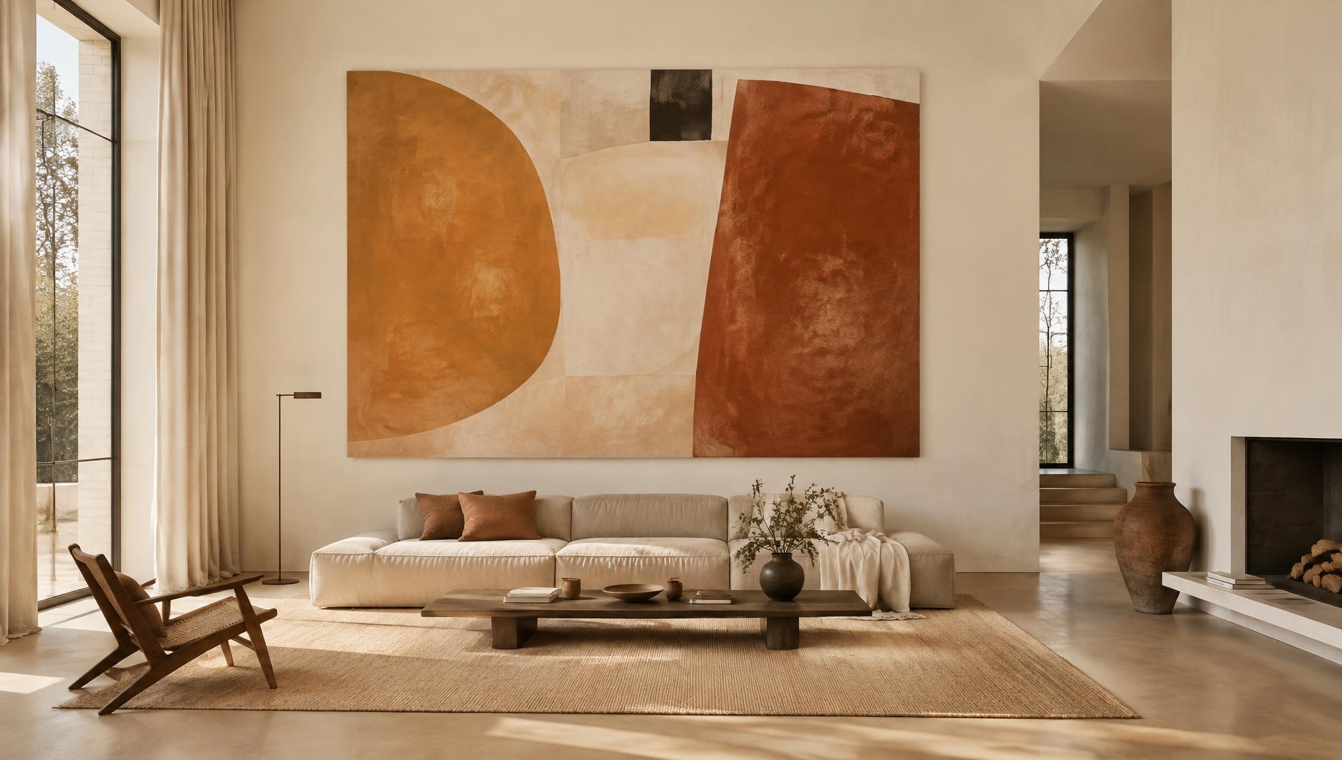 Groot abstract kunstwerk boven een bank in een lichte woonkamer