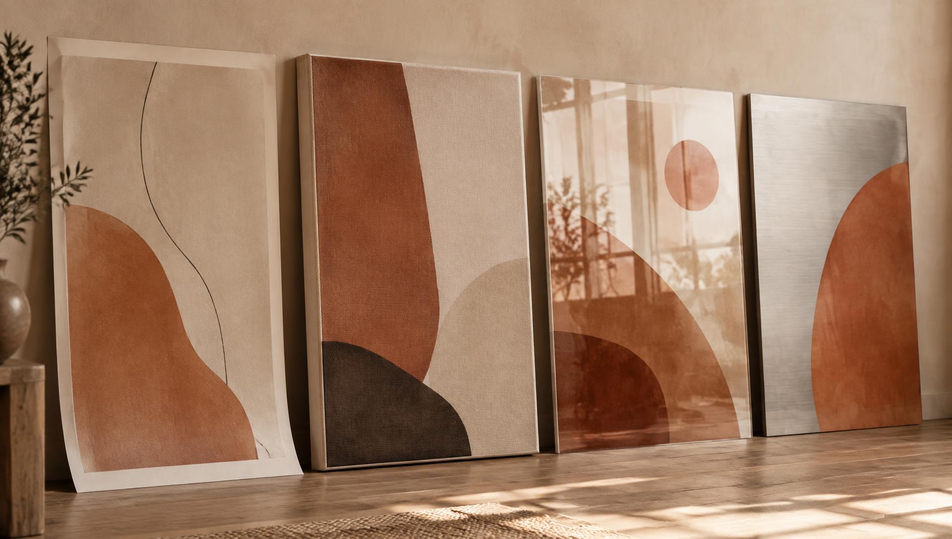 Four artworks in poster, canvas, acrylic glass and aluminium Dibond finishes